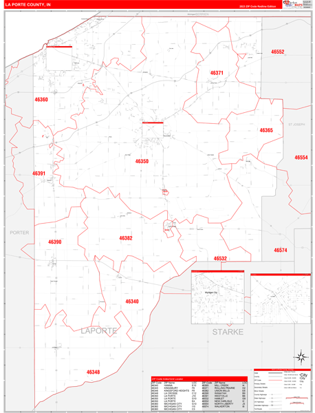 La Porte County, IN Wall Map Red Line Style